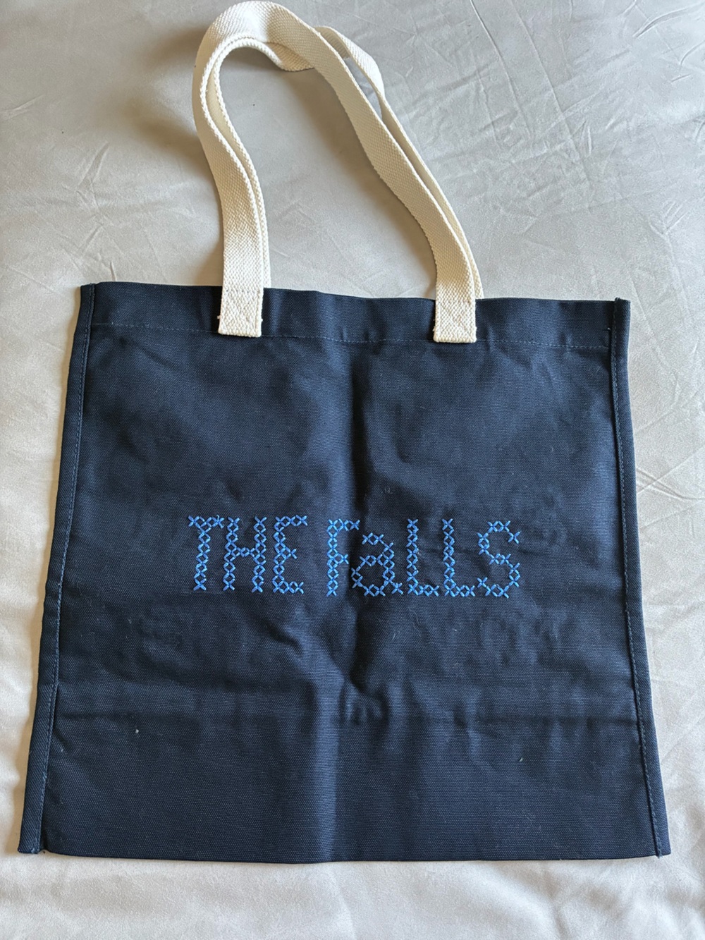Navy Canvas Tote with Cream Handles and Blue Embroidery - Picture 2 of 4